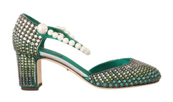 Green Leather Silk Crystal Sandals