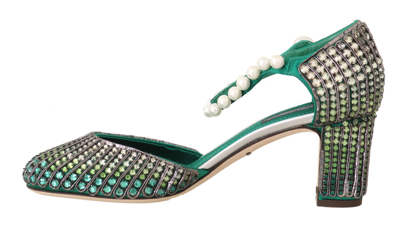 Green Leather Silk Crystal Sandals