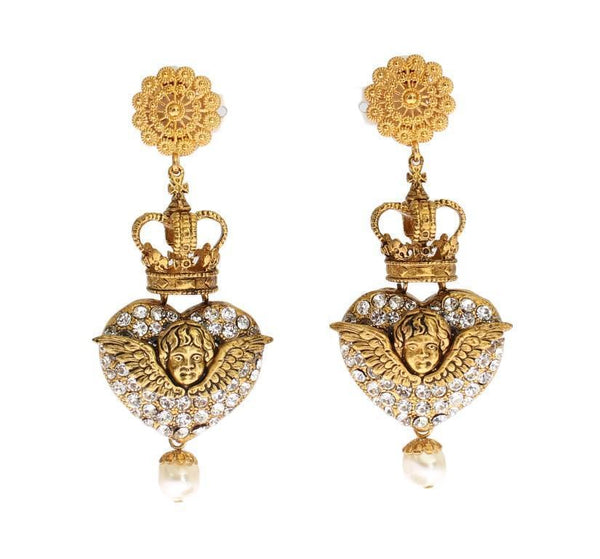 Gold Crystal Heart Crown Dangling Clip On Earring