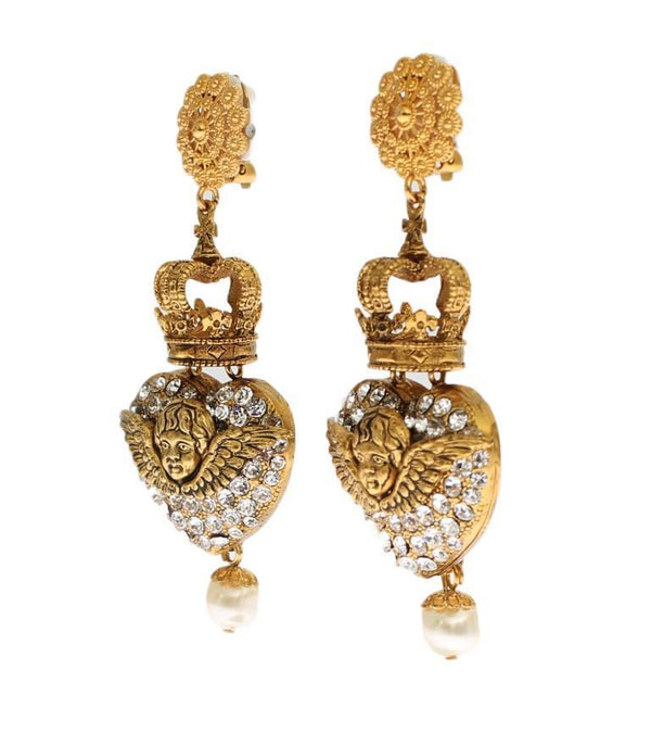 Gold Crystal Heart Crown Dangling Clip On Earring