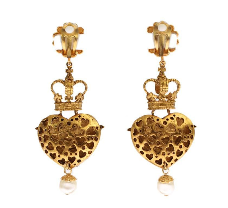 Gold Crystal Heart Crown Dangling Clip On Earring