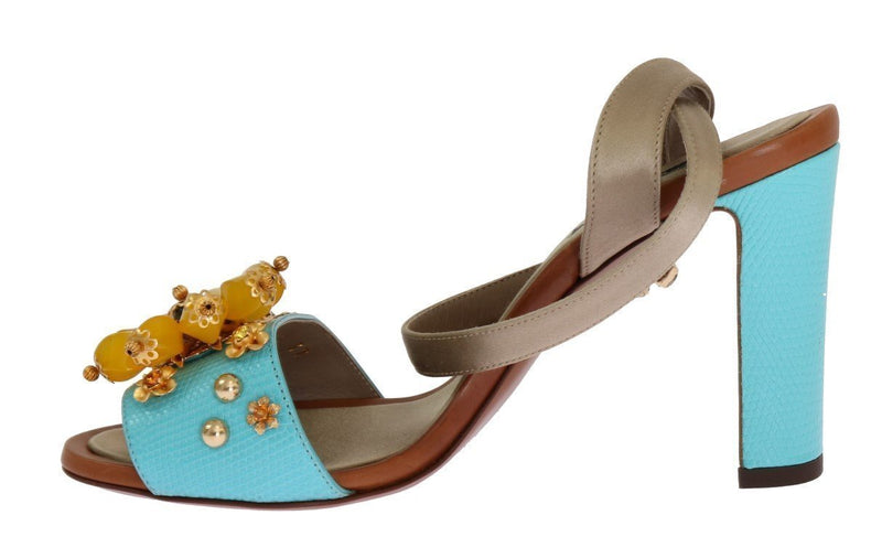 Blue Leather Floral Crystal Sandals
