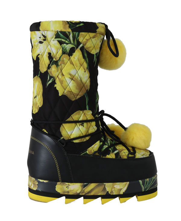 Black Tulip Print Lapin Fur Snow Boots