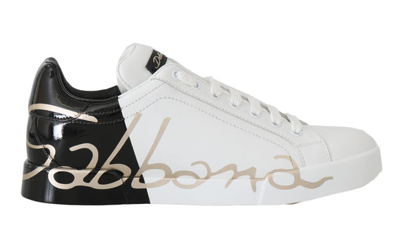Black White Gold Logo Leather Women Sneakers