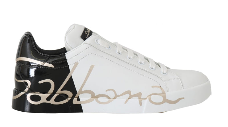 Black White Gold Logo Leather Women Sneakers