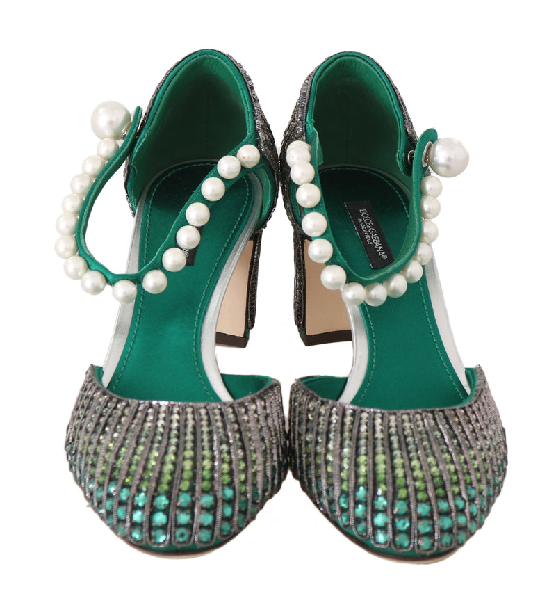 Green Leather Silk Crystal Sandals