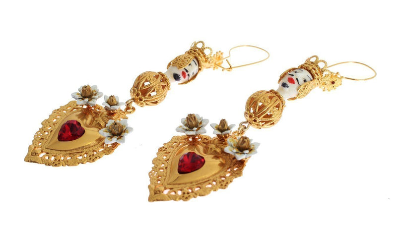 Gold Red Crystal Heart Pupi Doll Dangling Hook Earring