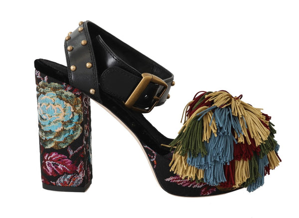 Black Stitched Flowers Fringe Sandal