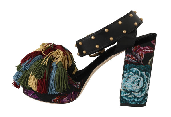 Black Stitched Flowers Fringe Sandal