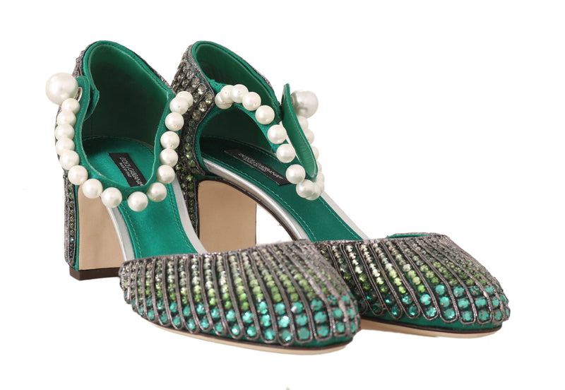 Green Leather Silk Crystal Sandals