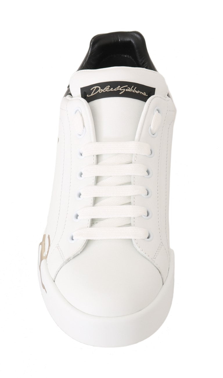 Black White Gold Logo Leather Women Sneakers