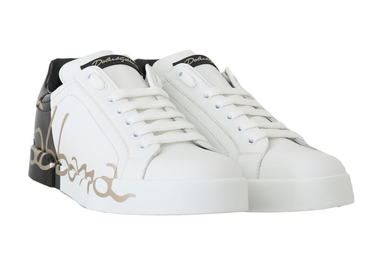 Black White Gold Logo Leather Women Sneakers