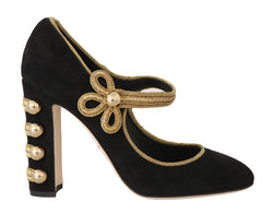 Black Suede Gold Studs Mary Janes Pumps