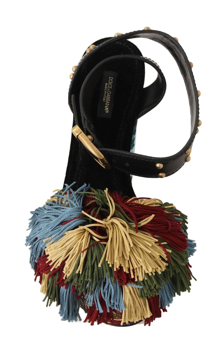 Black Stitched Flowers Fringe Sandal