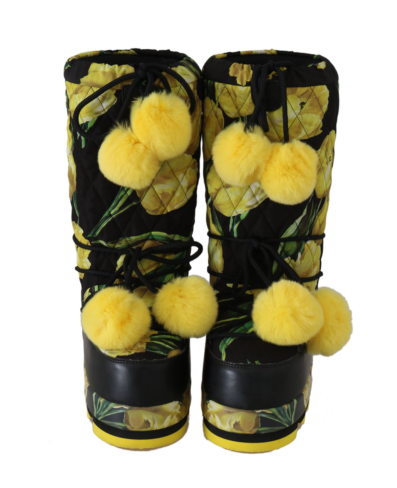 Black Tulip Print Lapin Fur Snow Boots