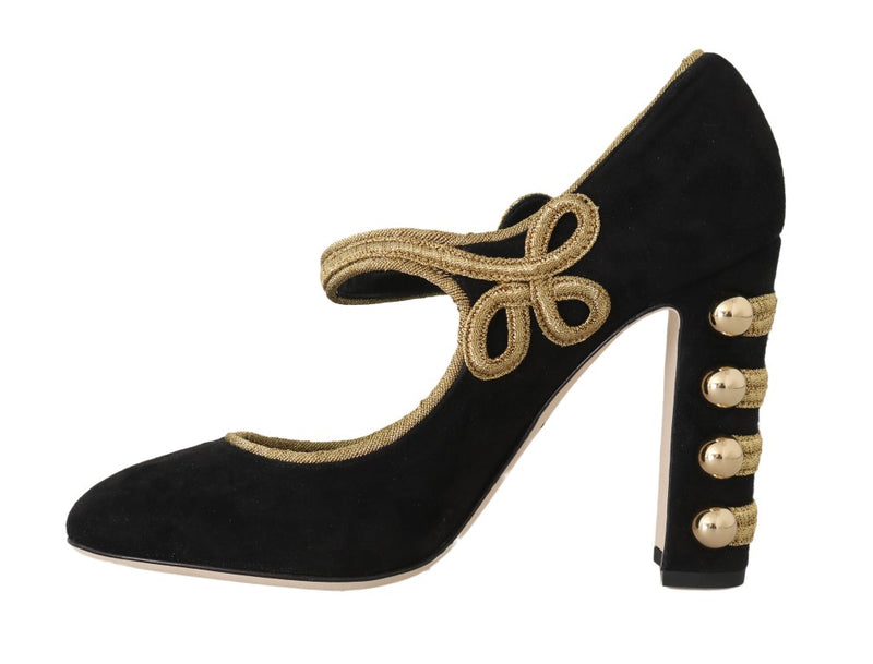 Black Suede Gold Studs Mary Janes Pumps