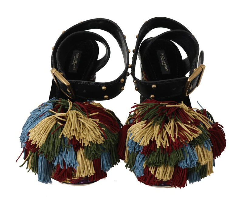 Black Stitched Flowers Fringe Sandal