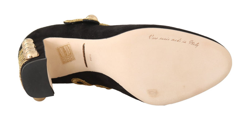 Black Suede Gold Studs Mary Janes Pumps