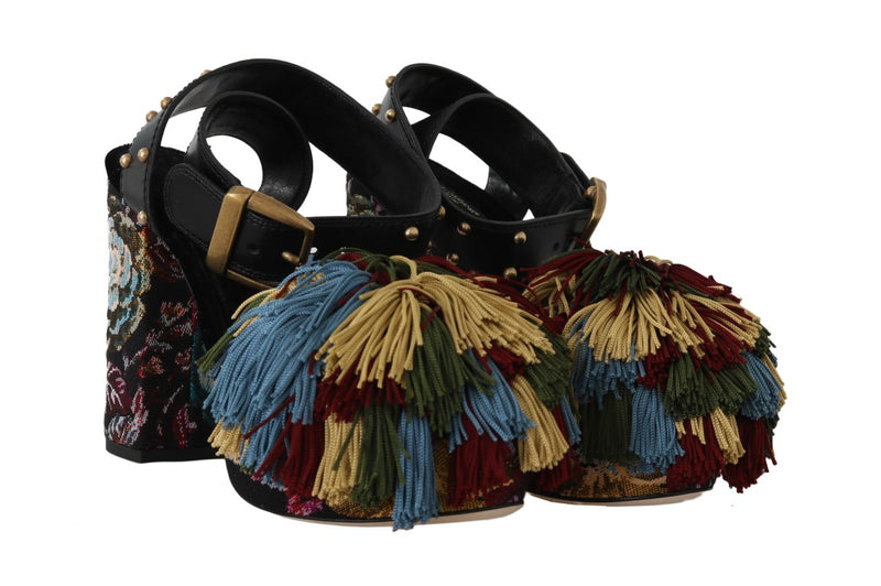 Black Stitched Flowers Fringe Sandal