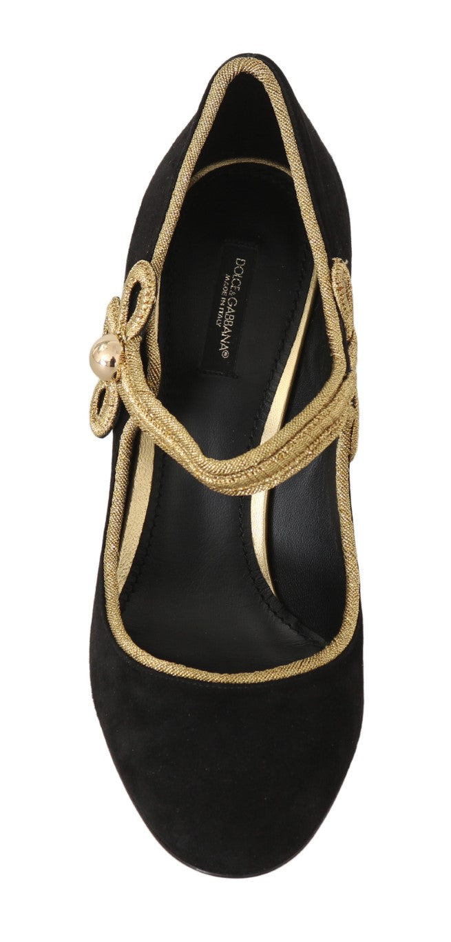 Black Suede Gold Studs Mary Janes Pumps