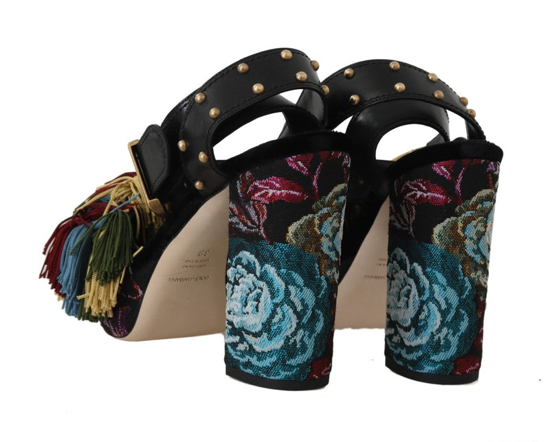 Black Stitched Flowers Fringe Sandal