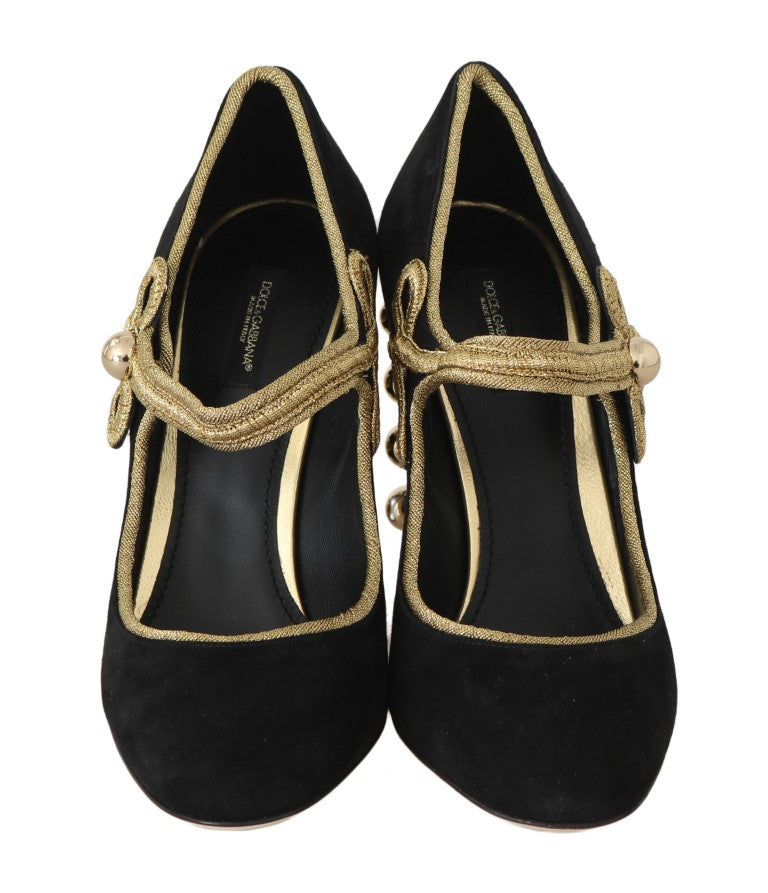 Black Suede Gold Studs Mary Janes Pumps