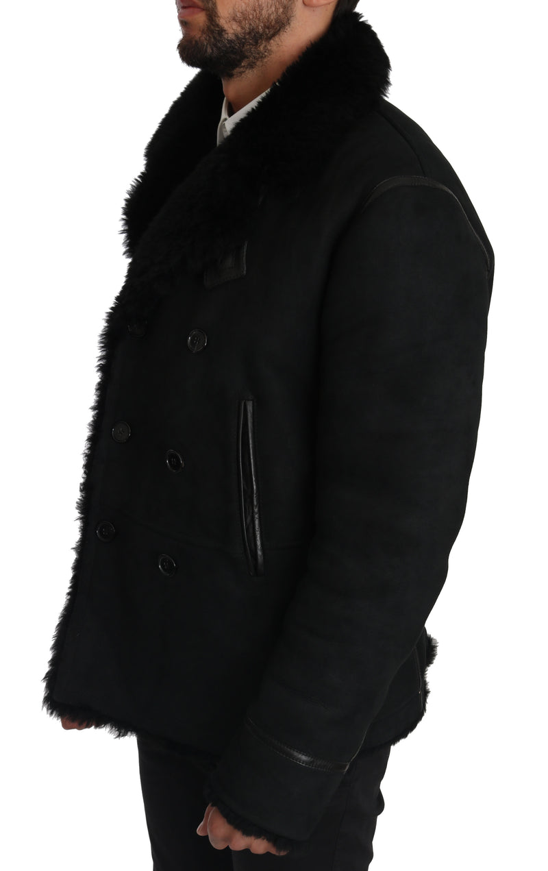 Black Lambskin Fur Pea Coat Jacket