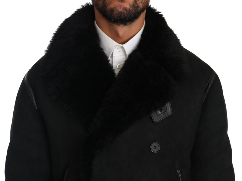 Black Lambskin Fur Pea Coat Jacket