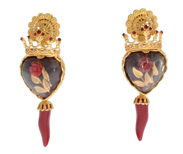 Gold Red Crystal Roses Heart Dangling Clip On Earring