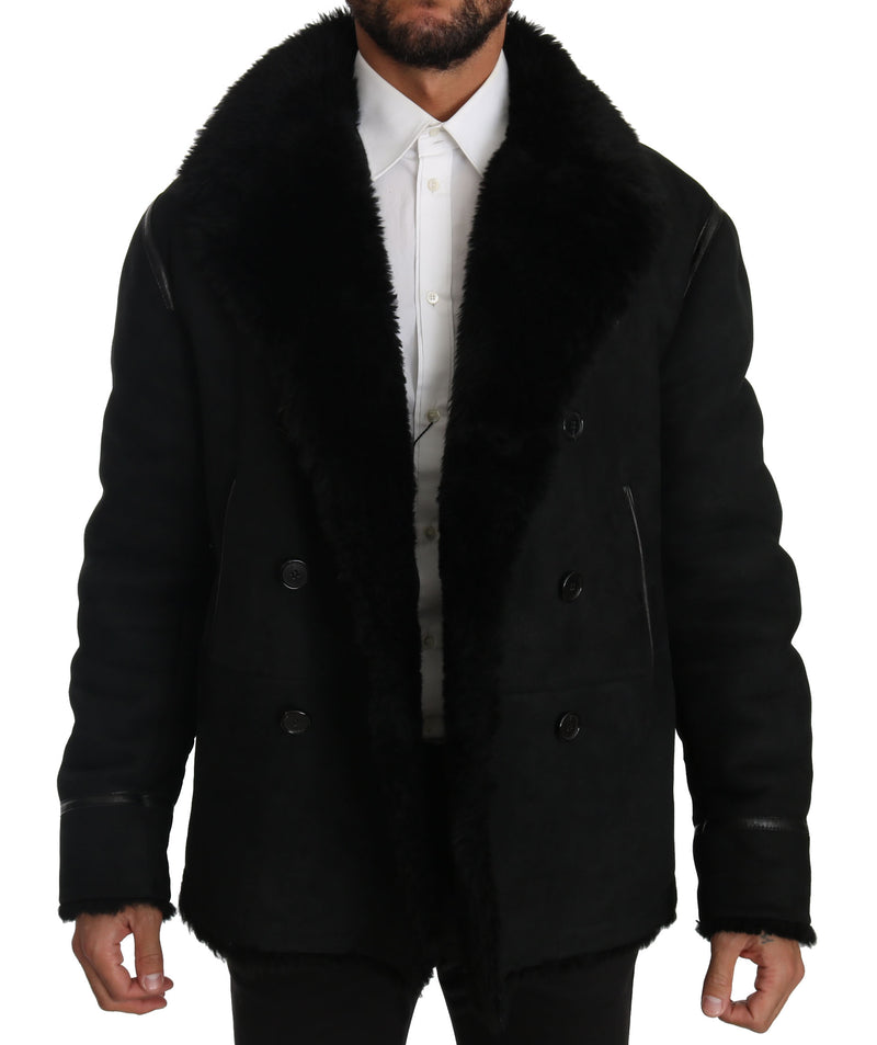 Black Lambskin Fur Pea Coat Jacket