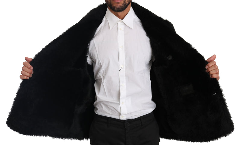 Black Lambskin Fur Pea Coat Jacket