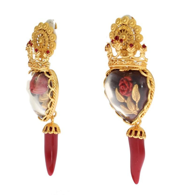 Gold Red Crystal Roses Heart Dangling Clip On Earring