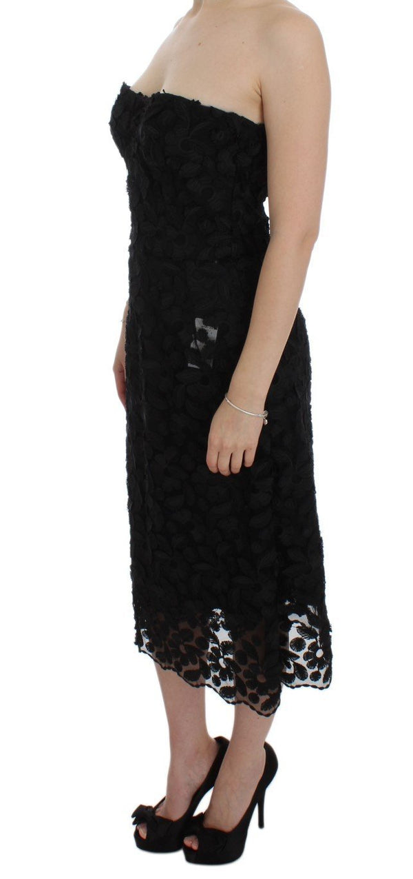 Black Floral Lace Shift Midi A-Line Dress