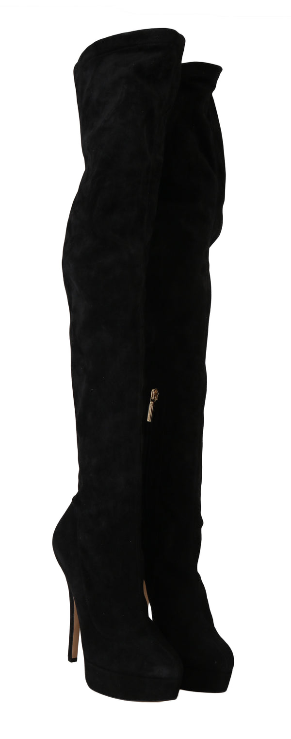 Black Suede Leather Over Knee Boots