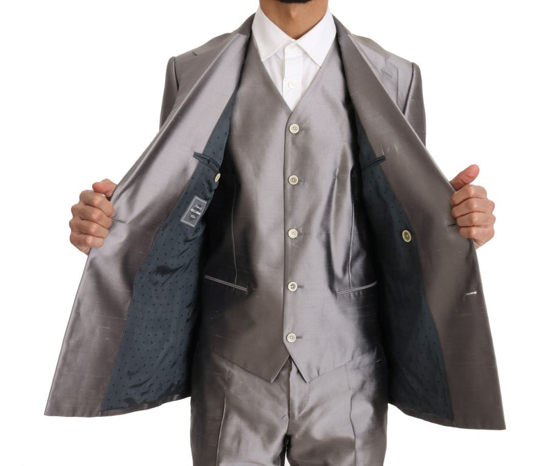 Silver Silk Double Breasted 3 Piece Suit