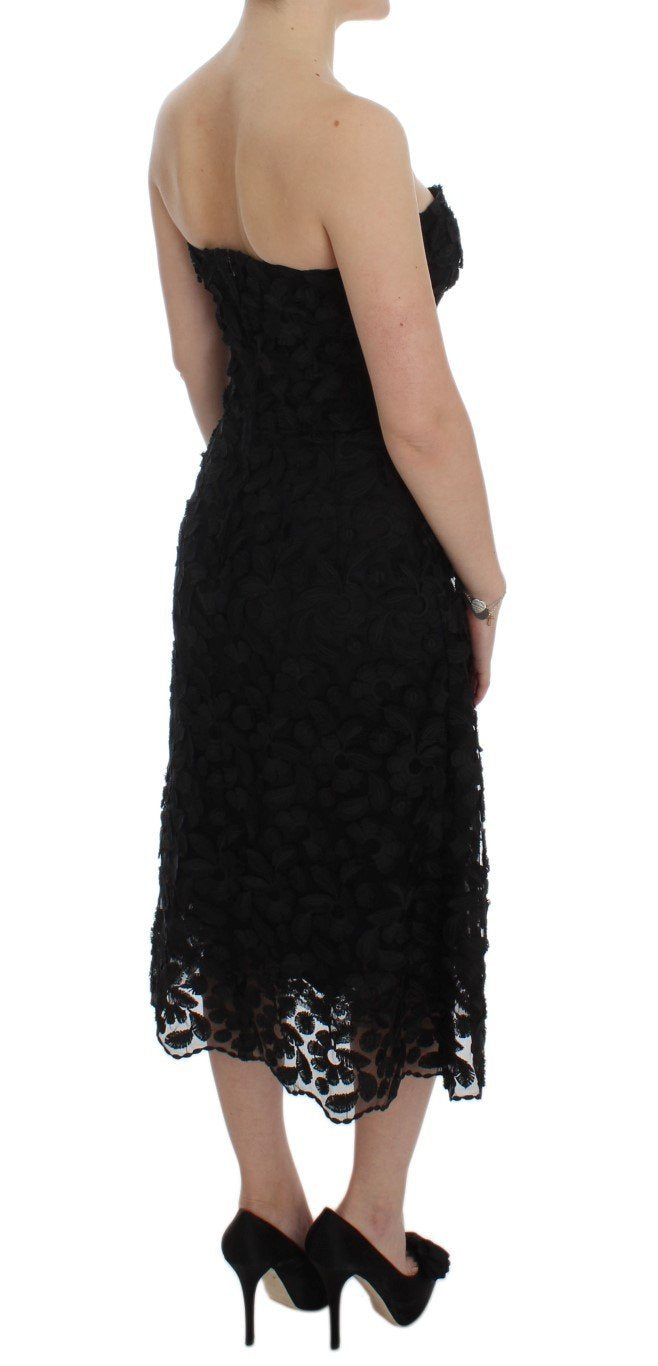 Black Floral Lace Shift Midi A-Line Dress