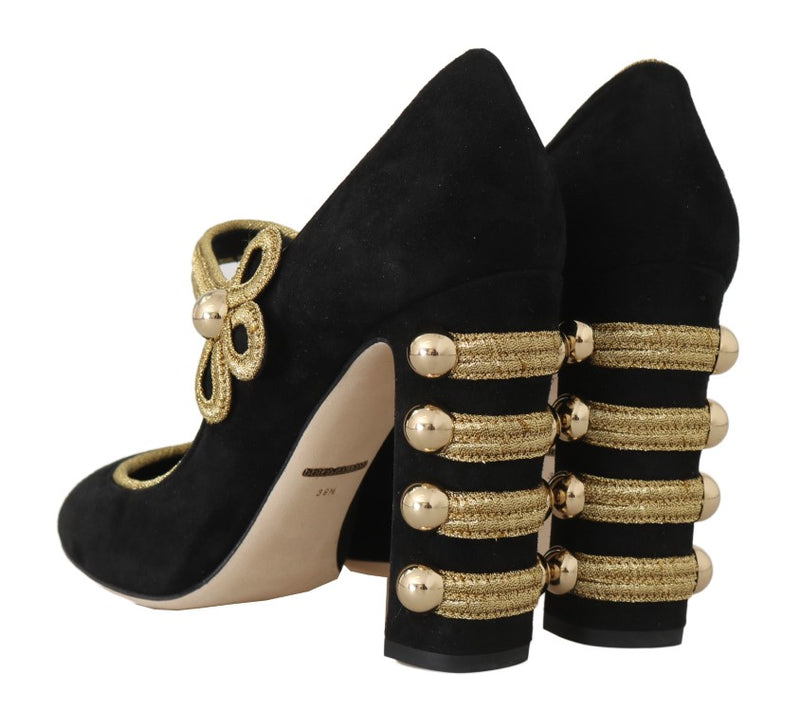 Black Suede Gold Studs Mary Janes Pumps