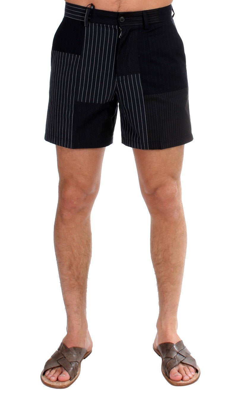 Black Striped Patchwork Cotton Linen Shorts
