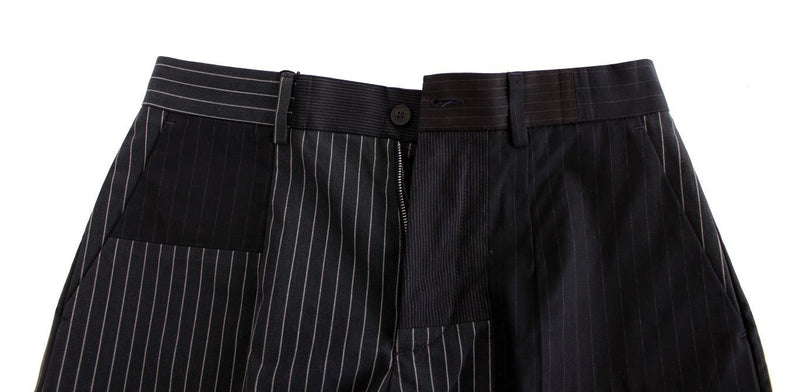 Black Striped Patchwork Cotton Linen Shorts