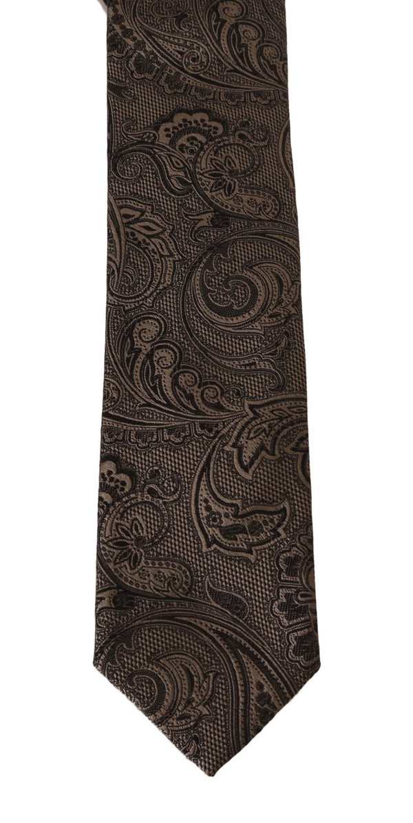 Beige Black Silk Floral Baroque Tie