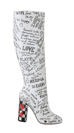 White Leather Knee High Print Boots