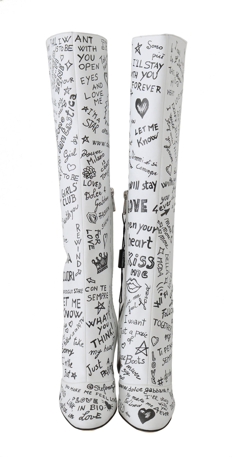 White Leather Knee High Print Boots