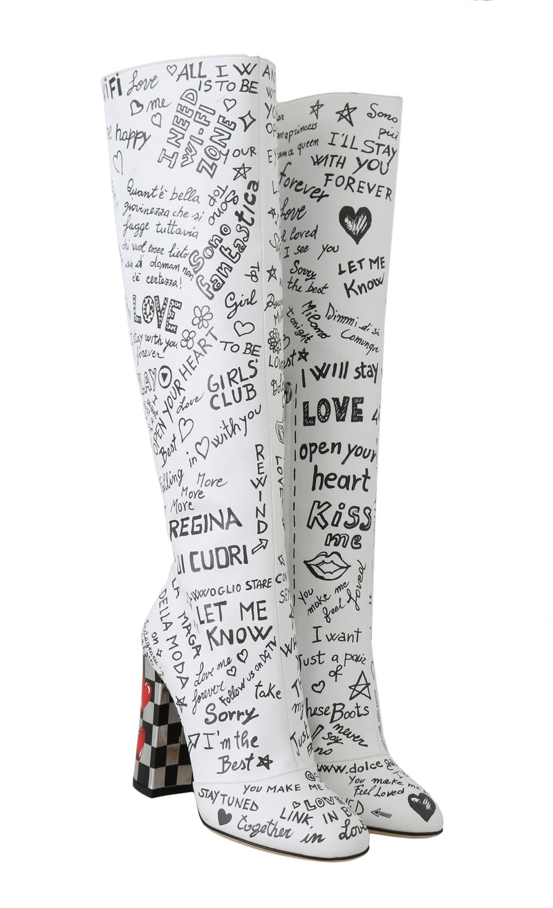 White Leather Knee High Print Boots