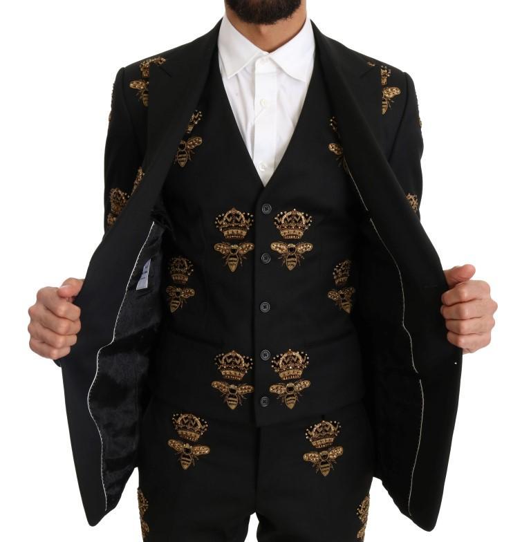 Black Wool Gold Crystal Bee Crown Slim Fit Suit