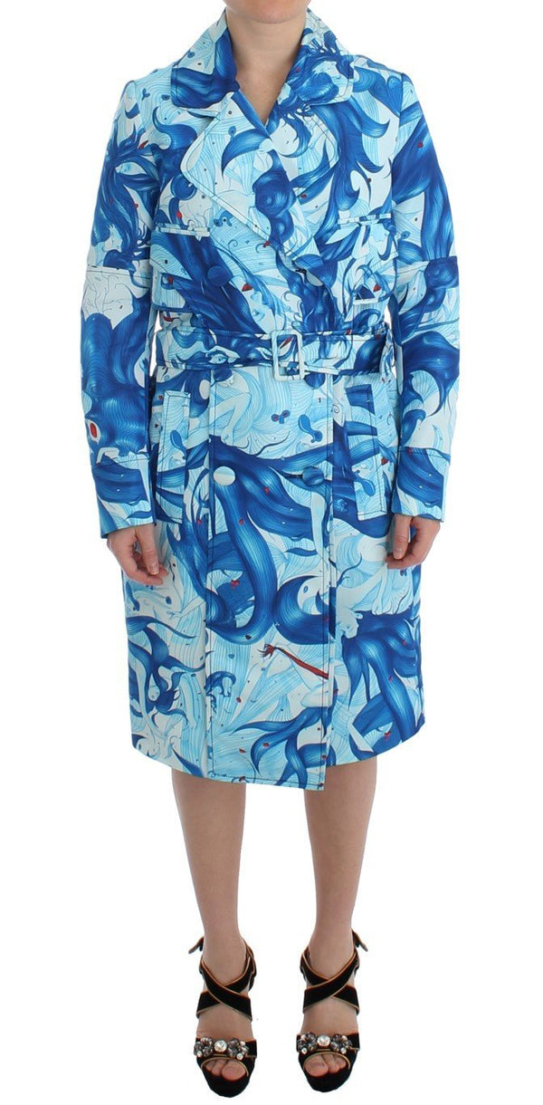 Blue Tempestuous Fresco-Print Trench Coat Jacket