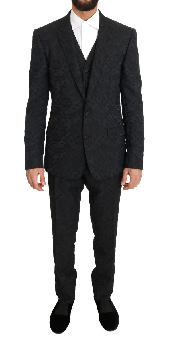 Black Floral Brocade Slim Fit 3 Piece Suit