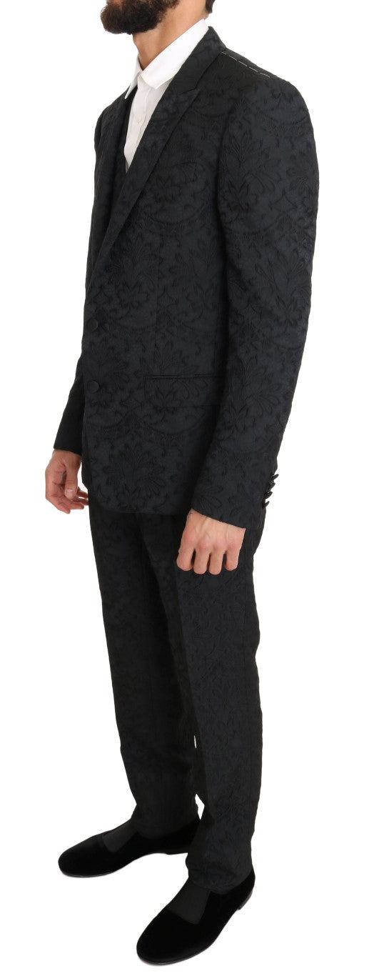 Black Floral Brocade Slim Fit 3 Piece Suit