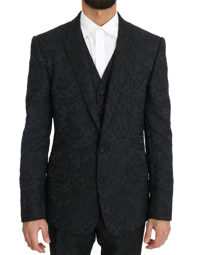 Black Floral Brocade Slim Fit 3 Piece Suit