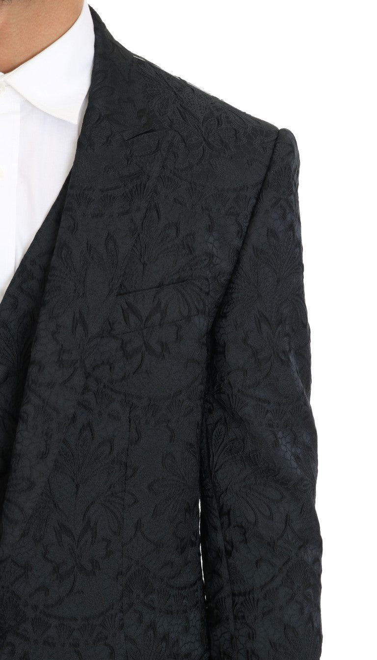 Black Floral Brocade Slim Fit 3 Piece Suit