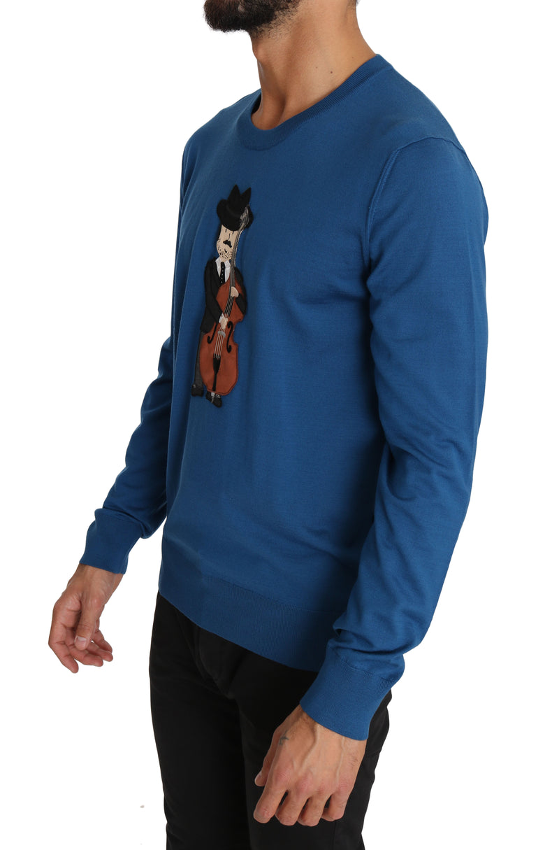 Blue Wool Musician Applique Pullover Sweater
